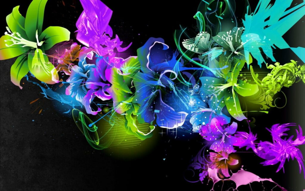 Glowing Blooms: Vibrant Neon Flowers in HD Wallpaper Background