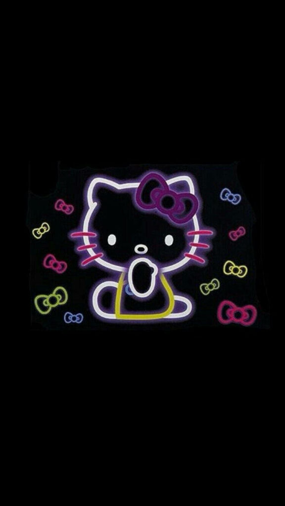 Neon Black Hello Kitty Wallpaper with Colorful Bow & Ribbons