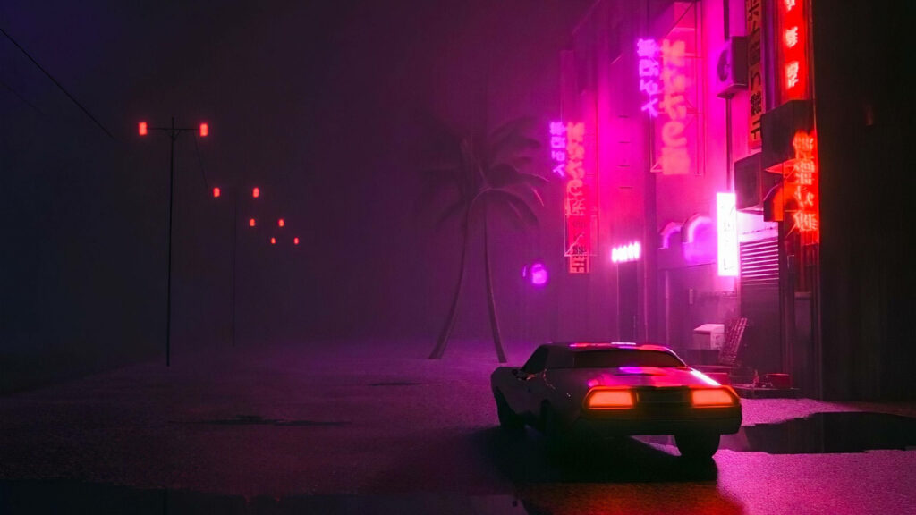 Street Cruise through Neon Nights: Embracing 80's Retro Vibes with Synthwave Wheels Wallpaper