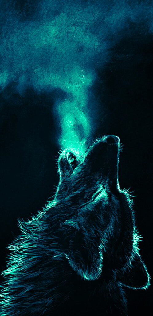 Anime Wolf Howling Wallpaper: Neon Blue Glow in Dark Background