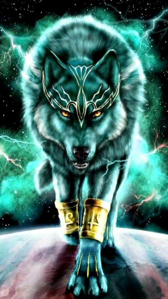 Majestic Neon Blue Wolf Wallpaper in Cosmic Galaxy Background
