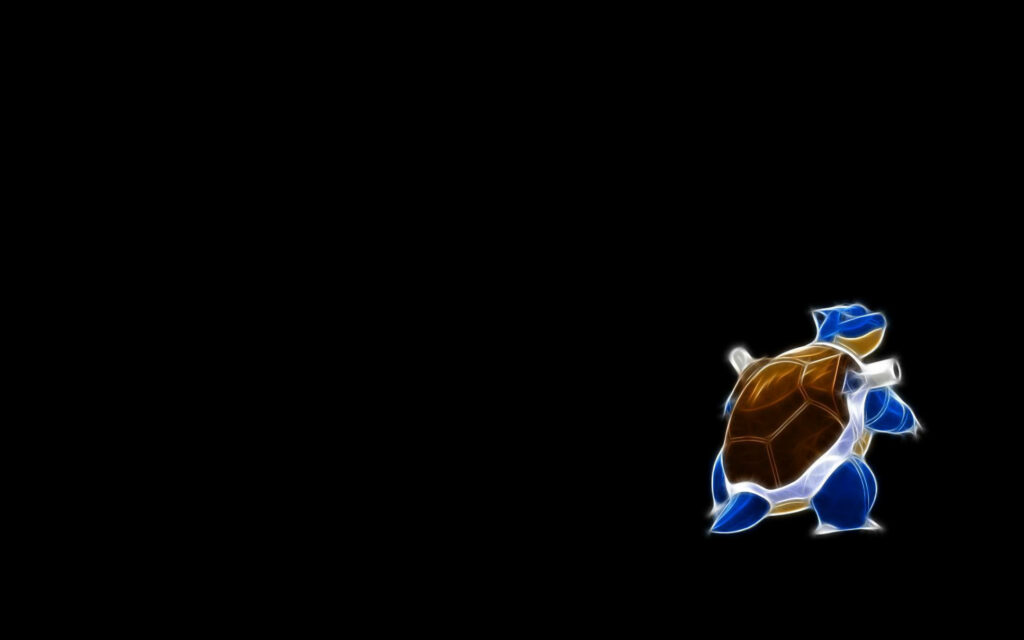 Neon blue Blastoise glowing against black background futuristic Pokémon wallpaper design