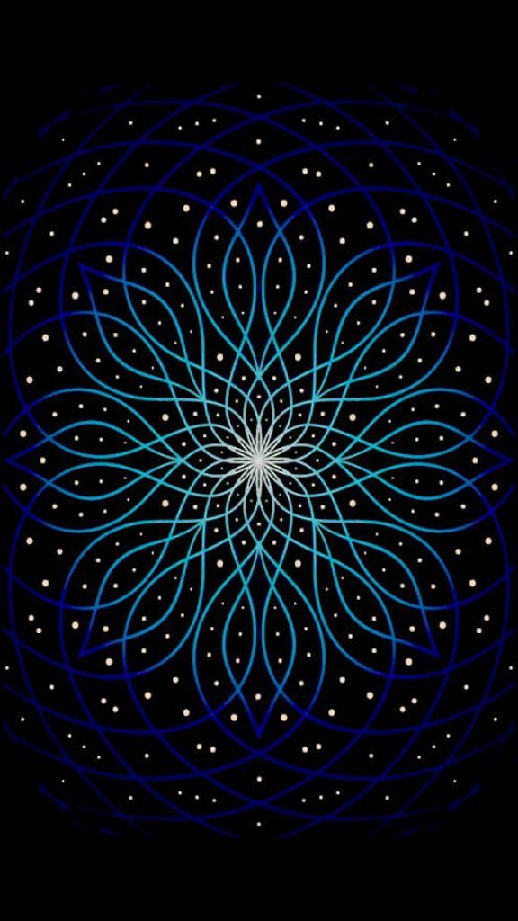 Neon blue digital mandala iOS wallpaper with glowing center and starry cosmic black background