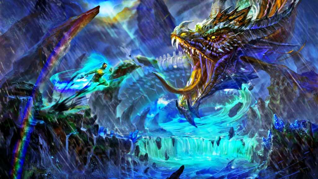 The Epic Battle: Man vs Dragon in a Neon Blue Rainstorm Wallpaper
