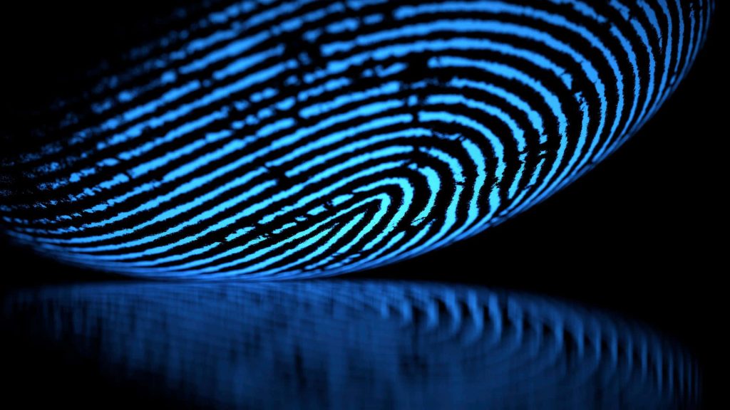Neon blue fingerprint pattern glowing on glossy black surface futuristic tech wallpaper background