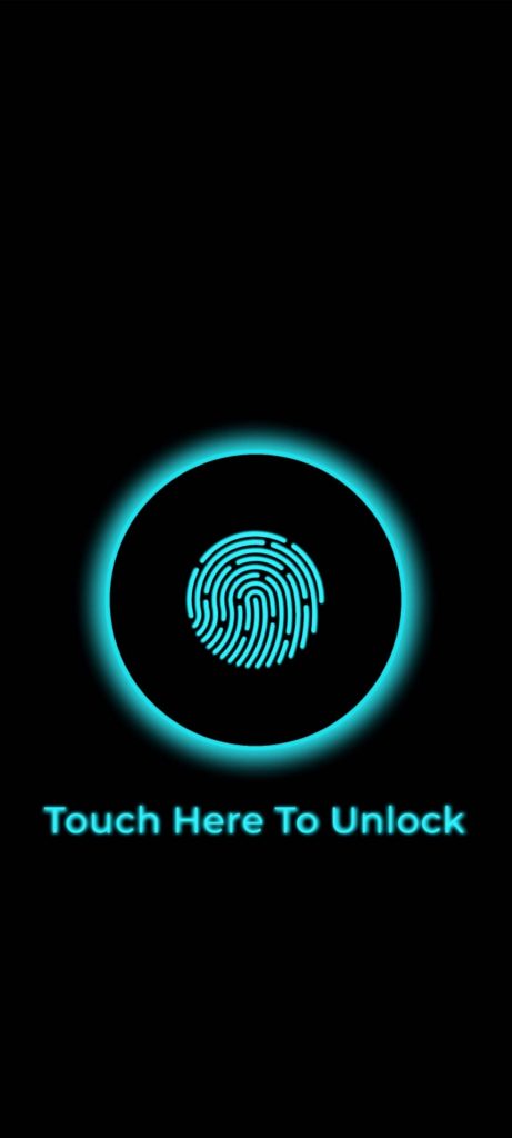 Glowing neon blue fingerprint scanner on black background with touch here to unlock text wallpaper
