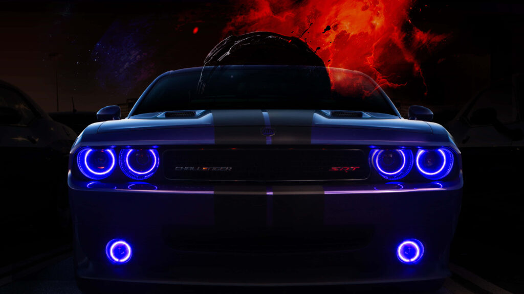 Muscle car with neon blue headlights illuminated by fiery red celestial explosion at night Wallpaper