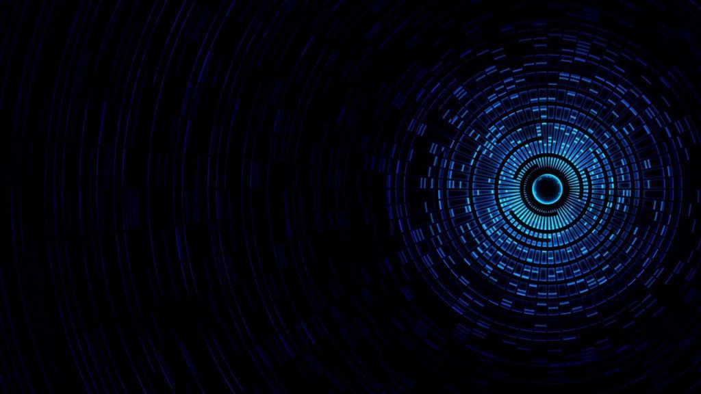Neon blue holographic portal with glowing concentric circles on black futuristic digital tunnel background Wallpaper