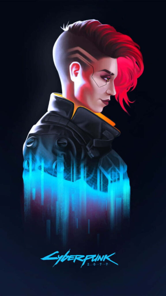 Futuristic Urban Warrior: V Takes Center Stage in Cyberpunk 2077's Neon Blue Jacket Wallpaper