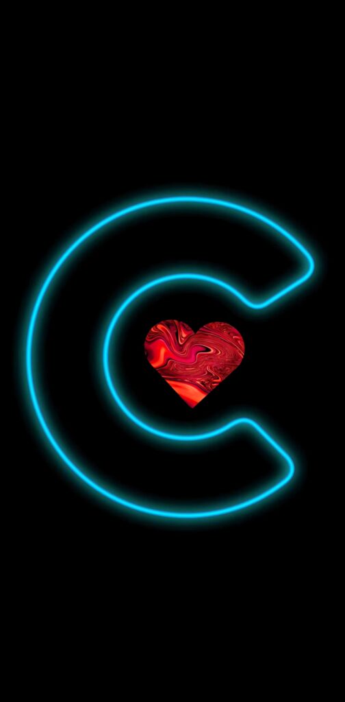 Glowing neon blue letter C framing vibrant red swirling heart on black background wallpaper