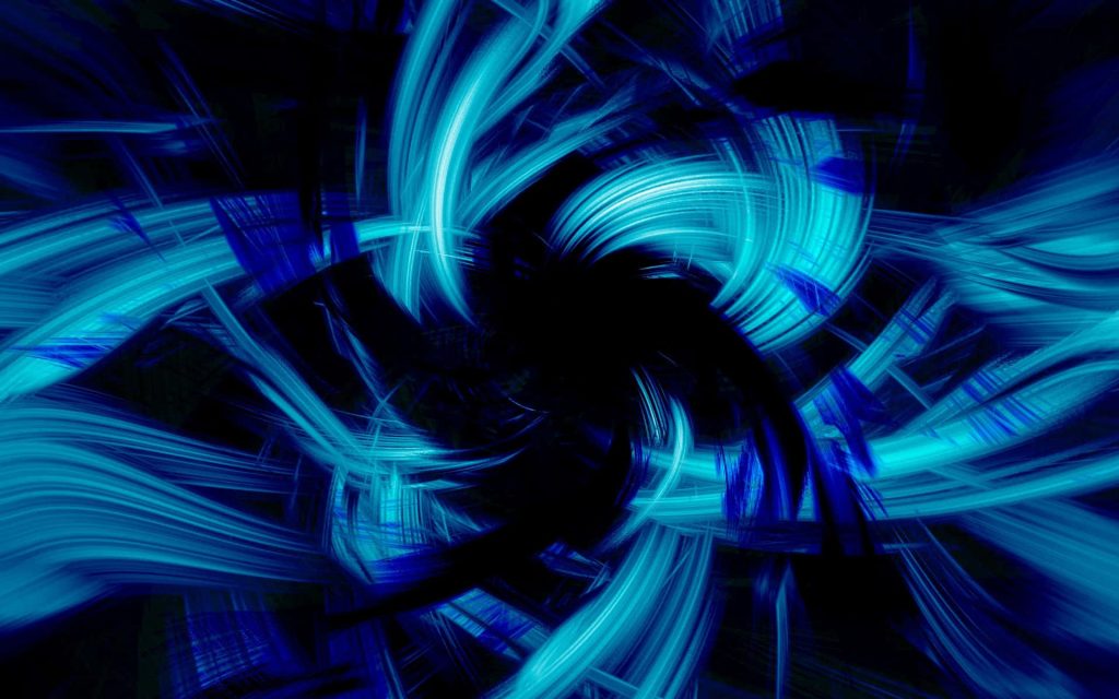 Abstract digital wallpaper with neon blue light swirls on black creating a vibrant vortex effect