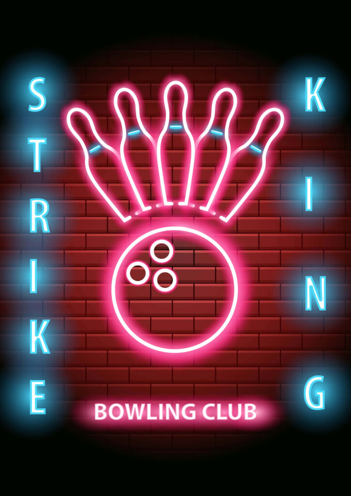 Neon bowling alley wallpaper with glowing pink pins Strike King Bowling Club dark brick wall