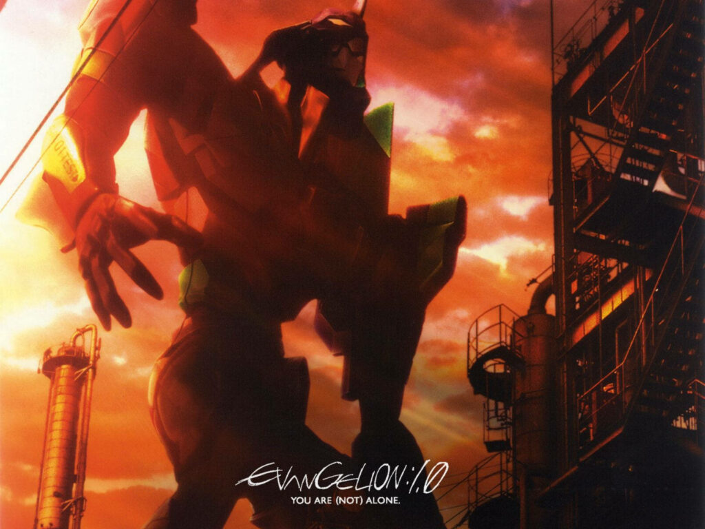 Nostalgic Neon: An Illuminated Eva Unit in the Evangelion Cityscape Wallpaper