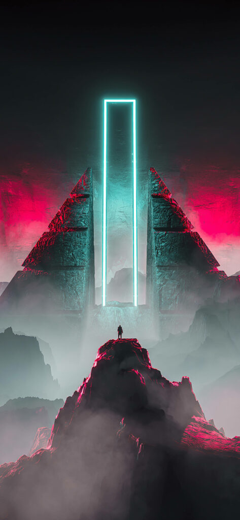 Triangular Light Sculpture Illuminates Majestic Mountain Landscape - Neon Blue Rectangle as 4k iPhone Background Wallpaper