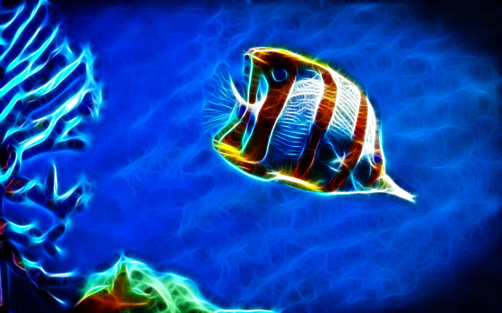Neon butterflyfish swimming in deep blue underwater with electric highlights digital wallpaper