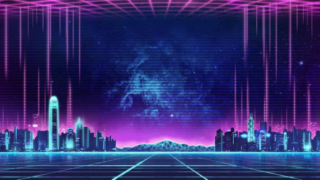 Retro Soundscapes of Neon City: A Synthwave Masterpiece - HD Wallpaper Featuring Impressive Architecture and Built Structures Amidst a Stunning Neon Cityscape with Music and Otherworldly Vibes