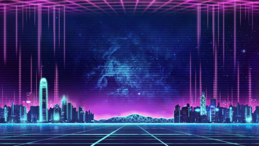 Retro-futuristic Hong Kong skyline silhouette with neon cyan grid and purple synthwave lasers Wallpaper