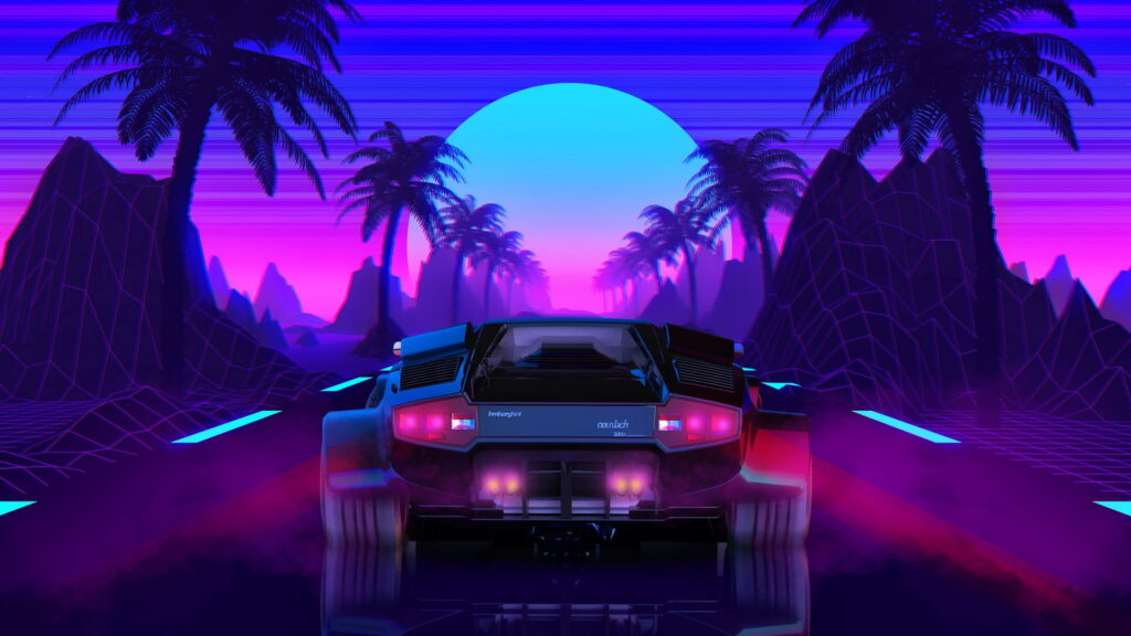 Lamborghini Countach 5000 in neon retrowave with purple cyan sunset palm trees synthwave wallpaper