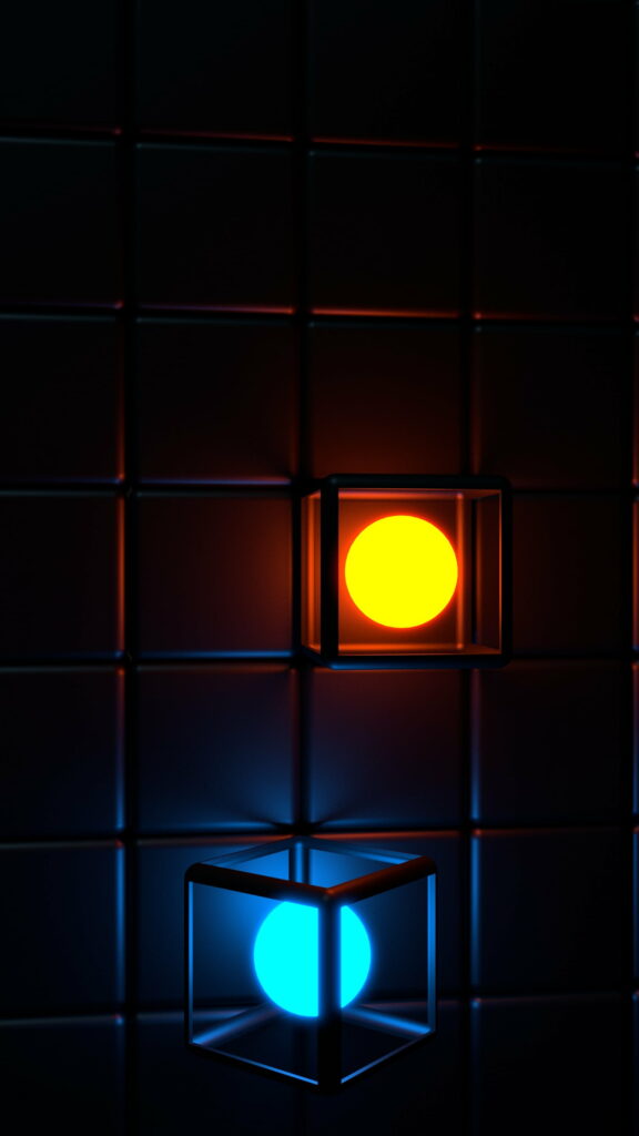 3D digital art wallpaper with glowing yellow and cyan spheres inside wireframe cubes on dark tiles