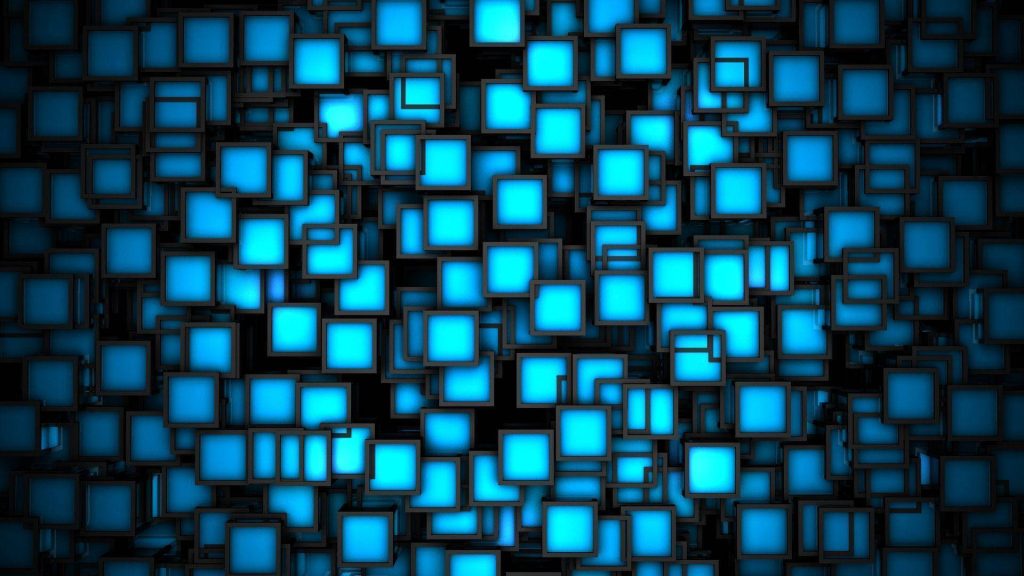 Neon cyan 3D cubes wallpaper with glowing geometric shapes on dark futuristic background