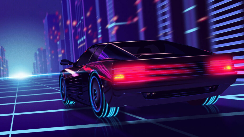 Sleek neon car cruising futuristic cyberpunk city with glowing skyscrapers vibrant lights wallpaper