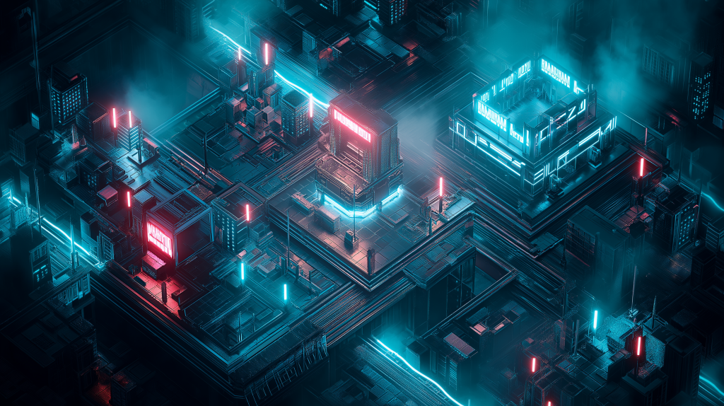 Isometric neon cyberpunk cityscape with vibrant red cyan lights and deep blue shadows wallpaper