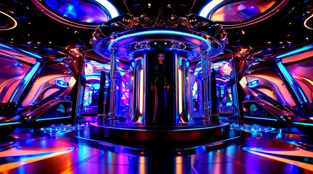 Futuristic figure with blue hair in glowing chrome capsule neon cyberpunk wallpaper background