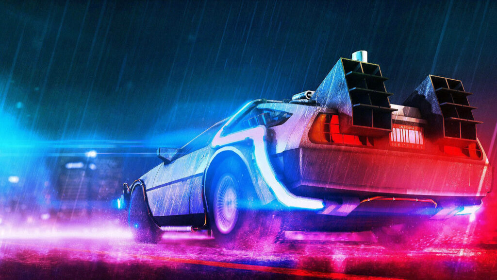 Retro Futuristic Delorean: Vibrant Neon Time Machine Amidst Rainy Night Cityscape Wallpaper