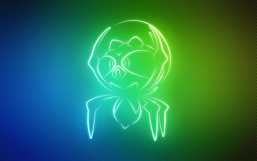 Neon Dewpider outline glowing on electric green and blue gradient futuristic Pokémon wallpaper