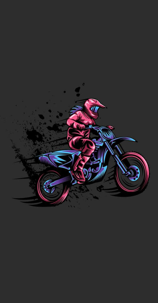 Neon dirt bike rider in pink and blue gear with bold splatter effects on dark background wallpaper
