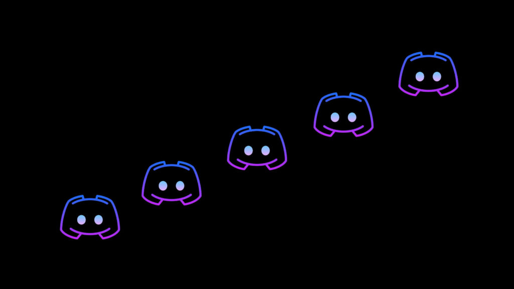 Neon blue and purple Discord Clyde icons diagonal pattern on black background digital wallpaper