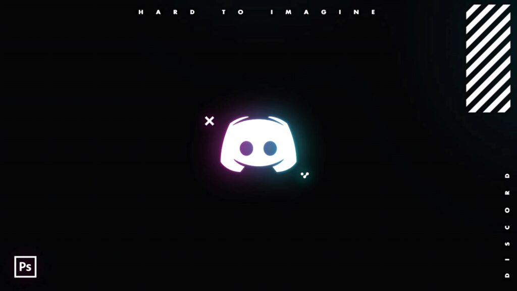 Glowing Discord logo with neon gradient blended with Adobe Photoshop on black geometric background Wallpaper