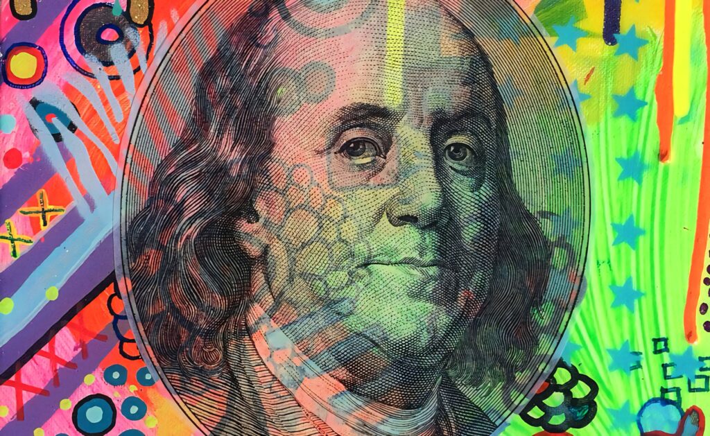 Vibrant neon doodle art of Benjamin Franklin with colorful graffiti patterns wallpaper background