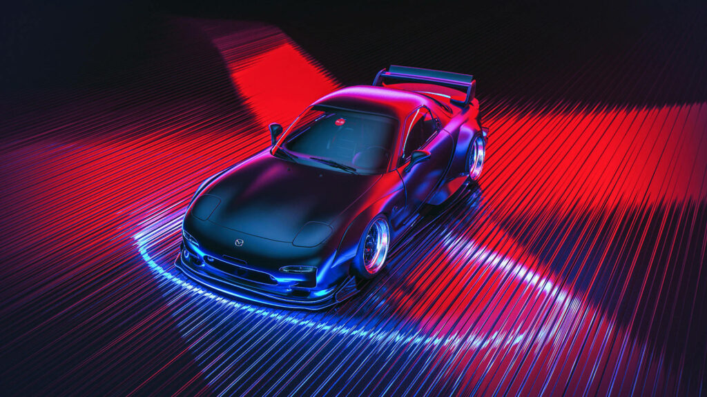 Nightfall at the RX-7 Haven: A Mesmerizing Shot of a Mazda RX-7 Revving in a Neon-lit X Marked Paradise Wallpaper