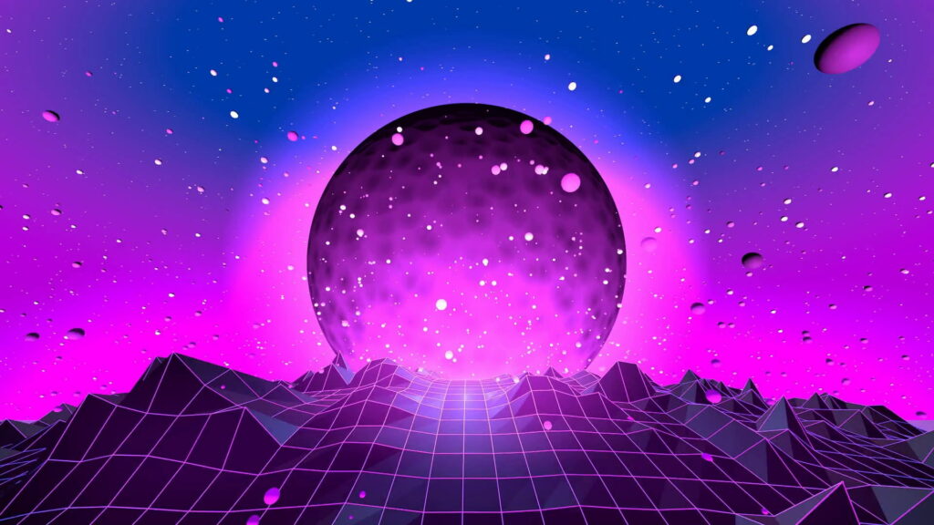 Retrowave/Synthwave-inspired HD wallpaper: Neon grid on mountain landscape with glowing moon in 80s nostalgia scene