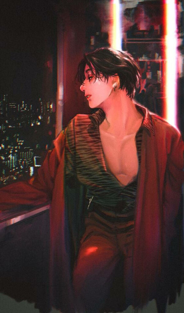 Neon Nights: Adventurous Anime Jungkook Strikes a Pose in Playful Red Jacket and Animal-Print Top Amidst Glowing Balcony Scenery Wallpaper