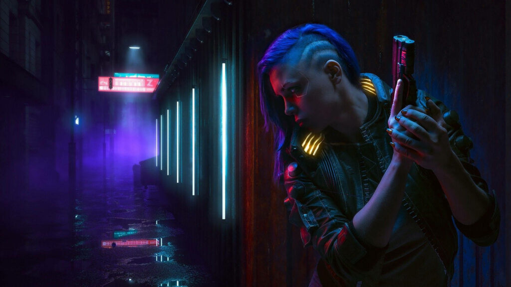 Neon-Eclipsed: Stealthy Blue-Haired Hacktress Concealing in the Shadows of Cyber Alley Wallpaper