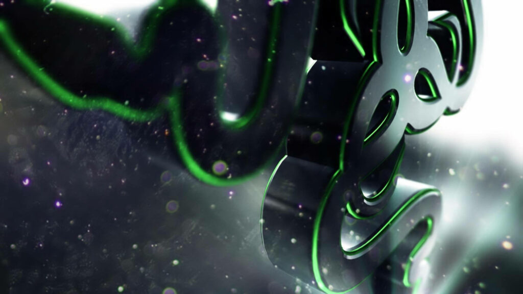 3D CGI Razer logo with dark metal finish neon green lighting cinematic bokeh gaming wallpaper
