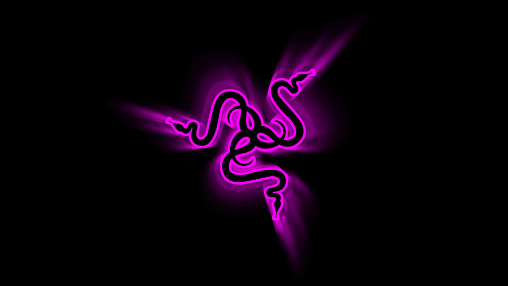 Neon Violet Brilliance: A Stunning Razer Chroma Wallpaper featuring a Digital Art of Classic Razor Logo on a Black Background