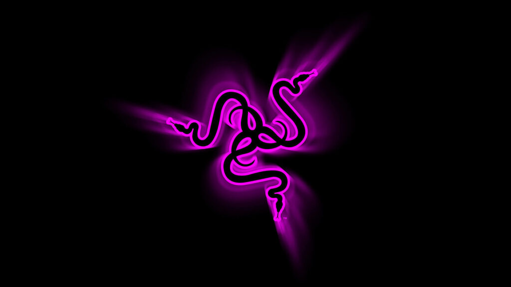 Razer triple-headed snake logo neon violet glowing on black digital art gaming wallpaper background