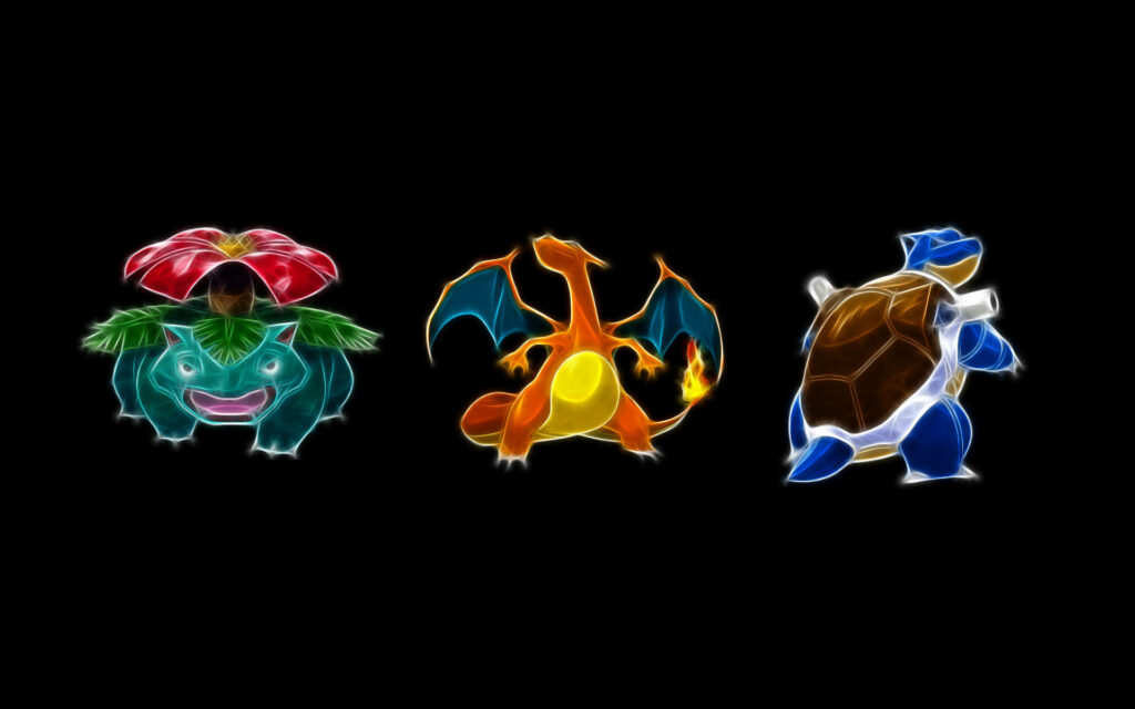 Neon fractal art of glowing Venusaur Charizard and Blastoise on black digital wallpaper background