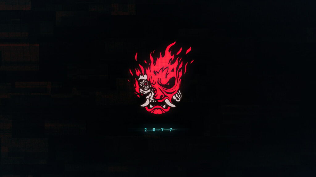 Cyberpunk 2077 wallpaper with glowing red Oni mask and Samurai logo on dark background