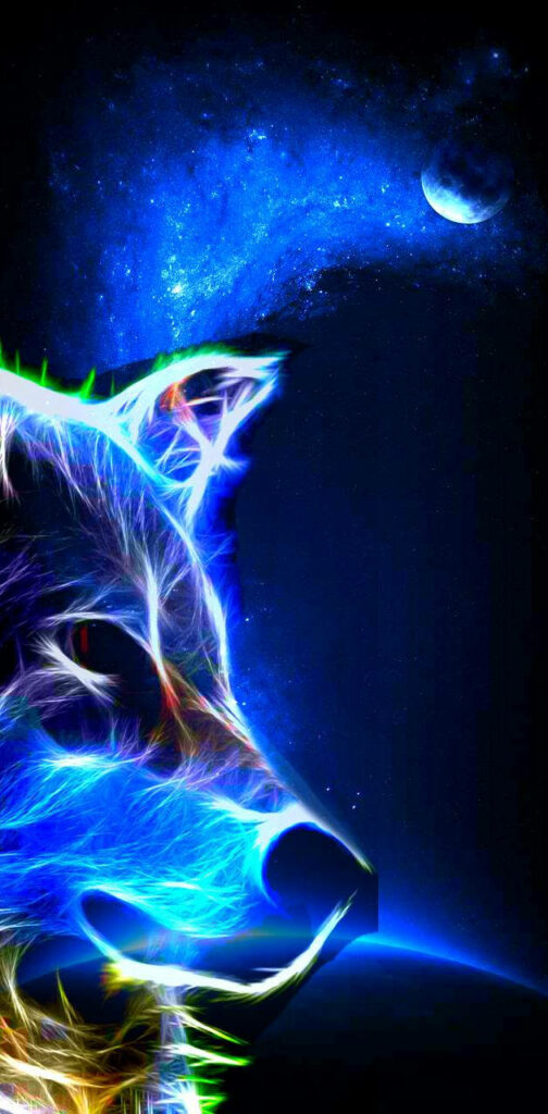 Neon Outlined Galaxy Wolf Collides with Celestial Moon in an Eye-Catching Cosmic Backdrop Wallpaper
