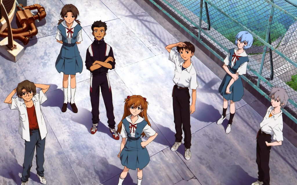 Neon Genesis Evangelion characters in school uniforms on rooftop with urban historical background Wallpaper
