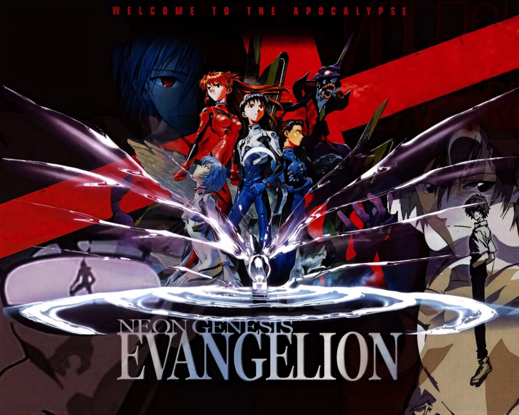 Neon Genesis Evangelion main characters standing over shattered symbol with dramatic lighting wallpaper
