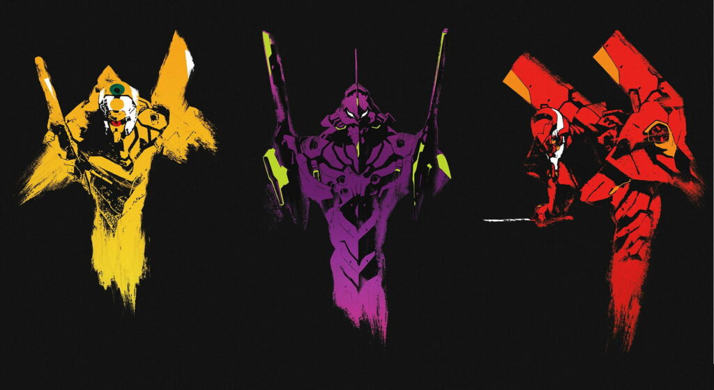 Neon Genesis Evangelion trio EVA Unit 00 01 02 vibrant stylized wallpaper black background