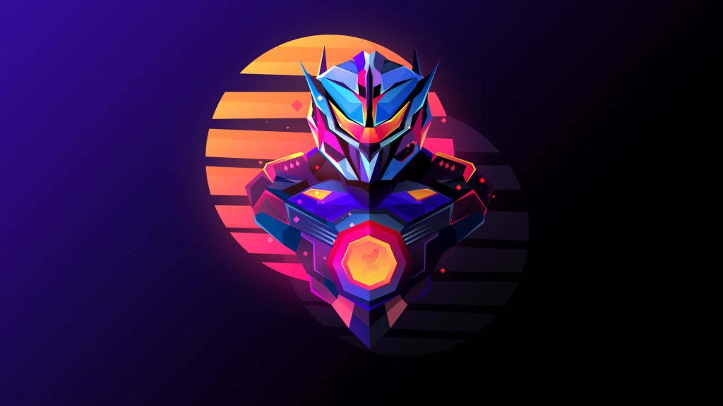 Stylized geometric mecha bust in neon blue and purple synthwave sunset wallpaper background