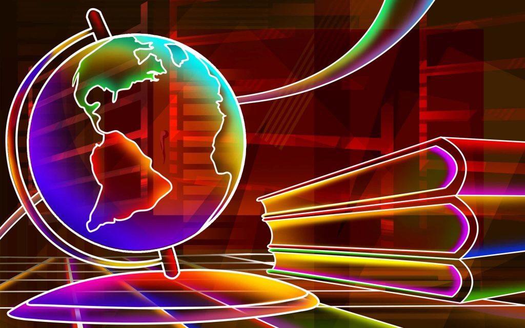 Neon digital art of glowing globe and books on geometric floor dark background modern wallpaper