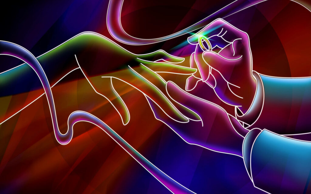 Radiant Neon Love: Mesmerizing 4K Wallpaper of Neon Hands Exchanging Rings