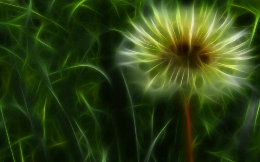 Neon Dandelion Wallpaper: Ethereal Glow on Dark Green Background